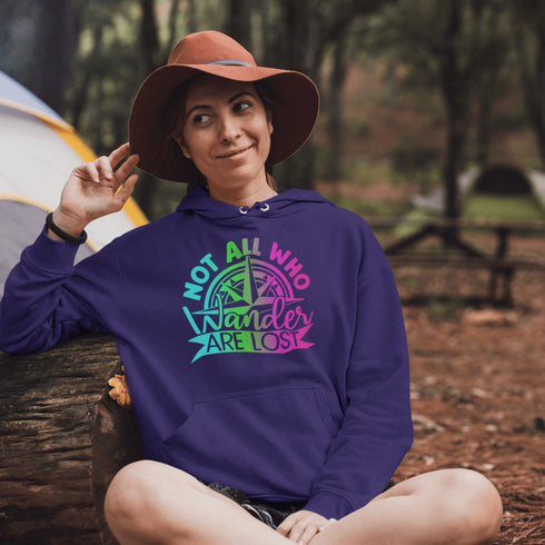 This hoodie features a stunning colorful gradient graphic that will make you stand out on your outdoor escapades. With the inspiring saying "Not All Who Wander Are Lost" emblazoned across the front, this hoodie is not just a piece of clothing, but a statement of your adventurous spirit and love for exploration.